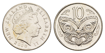 Новая Зеландия 10 центов 2000 Елизавета II (1952-2022), маска маори KM 117 медно-никель UNC 4652-655