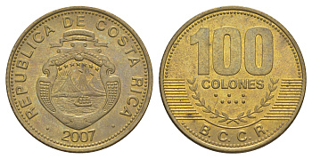 Коста-Рика 100 колонов 2007 KM 240a сталь плакированная латунью aUNC 4631-931