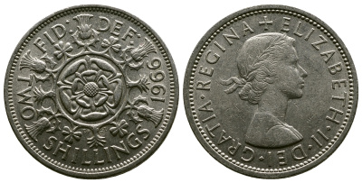Великобритания 2 шиллинга (флорин) 1966 Елизавета II (1952-2022) KM 906, Spink 4146 медно-никель 4382-642