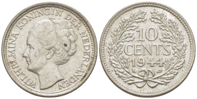 Нидерланды 10 центов 1944 Вильгельмина (1890-1948) KM 163 серебро aUNC 4392-1343
