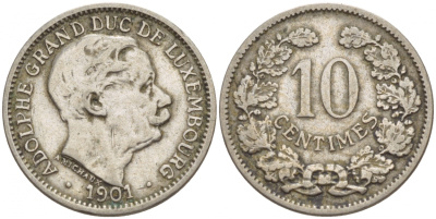ЛЮКСЕМБУРГ 10 САНТИМОВ 1901 АДОЛЬФ (1890-1905) KM 25 медно-никель 4548-814