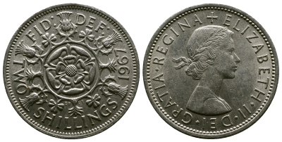 Великобритания 2 шиллинга (флорин) 1967 Елизавета II (1952-2022) KM 906, Spink 4146 медно-никель 4382-826