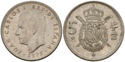 Испания 5 песет 1975 (78) Хуан Карлос I (1975-2014) KM 807 медно-никель 190-716