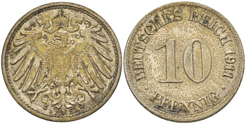 ГЕРМАНИЯ 10 ПФЕННИГОВ 1911 D KM 12, J. 13, Weege 8 медно-никель 212-154