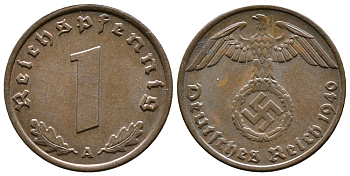 ГЕРМАНИЯ 1 РЕЙХСПФЕННИГ 1940 A KM 89, J. 361 бронза 71-1565