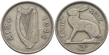 Ирландия 3 пенса 1942 заяц KM 12а медно-никель 179-311