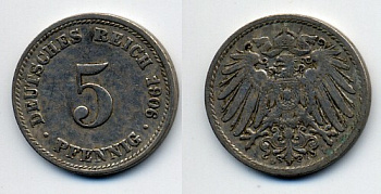ГЕРМАНИЯ 5 ПФЕННИГОВ 1906 D, KM 11, J. 12 медно-никель 76-531