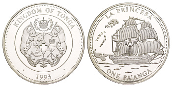 Тонга 1 паанга 1993 Парусник "La Princesa" KM 154 серебро PROOF 1091-4-52