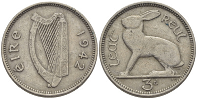 Ирландия 3 пенса 1942 заяц KM 12а медно-никель 179-311