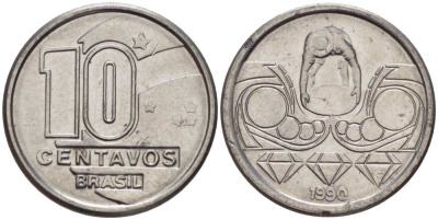 Бразилия 10 сентаво 1989 золотодобыча KM 613 нержавеющая сталь 116-1258