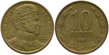 Чили 10 песо 1999 So KM 228.2, Schon 82 алюминиевая бронза 4544-634