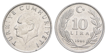 Турция 10 лир 1988 KM 964 алюминий 4648-824