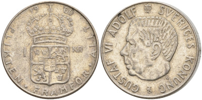 Швеция 1 крона 1960 TS, Густав VI Адольф (1950-1973) KM 826 серебро 4150-112