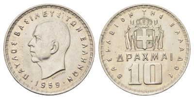 Греция 10 драхм 1959 Павел I (1947-1964) KM 84 медно-никель UNC 4526-446
