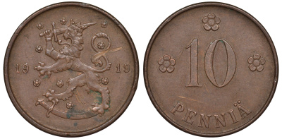 Финляндия 10 пенни 1919 KM 24 медь 45-1031
