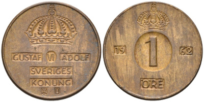 Швеция 1 эре 1962 Густав VI Адольф (1950-1973) KM 820 бронза 4580-1061
