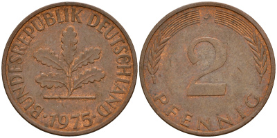 ФРГ 2 пфеннига 1975 J J.381a, KM 106a сталь плакированная медью    4598-827