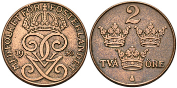 Швеция 2 эре 1950 Густав V (1907-1950) KM 778 бронза 4567-361