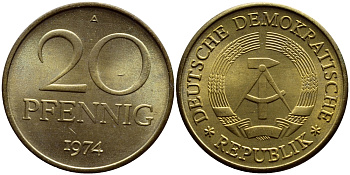 ГДР 20 пфеннигов 1974 А KM 11 латунь UNC 54-2126