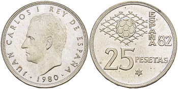 Испания 25 песет 1980 (82) чемпионат мира по футболу в Испании 1982 года, Хуан Карлос I (1975-) KM 818 медно-никель 3334-253