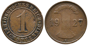ГЕРМАНИЯ 1 РЕЙХСПФЕННИГ 1927 E KM 37, J. 313 бронза 39-939