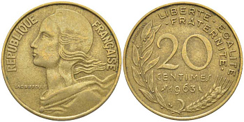 ФРАНЦИЯ 20 САНТИМОВ 1963 ТИП MARIANNE KM 930, LE FRANC 156.3 медь алюминий никель 175-821