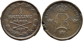 Швеция 1/3 скиллинга 1850 Оскар I (1844-1859), с двумя точками над A (ошибка) KM 657 медь 4393-344