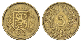 Финляндия 5 марок 1930 S, редкий год, тираж 592.000 KM 31 алюминиевая бронза 4648-617
