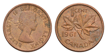 Канада 1 цент 1961 Елизавета II (1952-2022), кленовый лист KM 49 бронза 4639-317