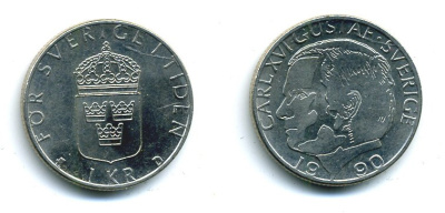 Швеция 1 крона 1990 Карл XVI Густав (1973- ) KM 852a медно-никель 37-1014
