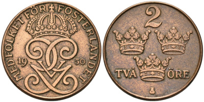 Швеция 2 эре 1950 Густав V (1907-1950) KM 778 бронза 4567-361