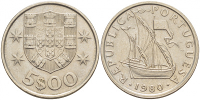 ПОРТУГАЛИЯ 5 ЭСКУДО 1980 ПАРУСНИК KM 591 медно-никель UNC 3457-712