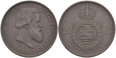 Бразилия 20 рейсов 1869 Педро II (1831-1889) KM 474 бронза 4529-454