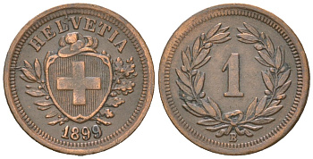Швейцария 1 раппен 1899 B KM 3 бронза 4549-443