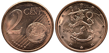 ФИНЛЯНДИЯ 2 ЕВРОЦЕНТА 2000 KM 99 сталь плакированная медью UNC 4181-452