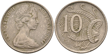 Австралия 10 центов 1968 Елизавета II (1952-), птица лирахвост KM 65 медно-никель 4566-452