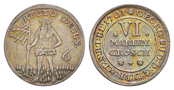 Брауншвейг-Каленберг-Ганновер 6 мариенгрошей 1701 дикарь, Георг I (1698-1727), из коллекции Ричарда Б. Смита KM 11, Welter 2179 серебро 1525-332