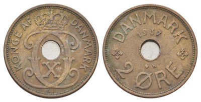 Дания 2 эре 1937 N, Кристиан X (1912-1947) KM 827 бронза 4701-849