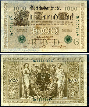 Германия 1000 марок 1910 21 апреля 1910, зеленая печать, номер семизначный, серия C, буква G, выпуск АПРЕЛЬ - ИЮЛЬ 1918 Pick 45 b бумага 8618-51-1-2