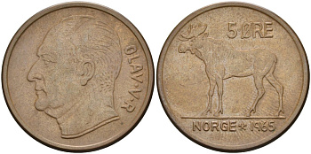 Норвегия 5 эре 1965 лось, Улаф V (1958-1991) KM 405 бронза 4557-1235