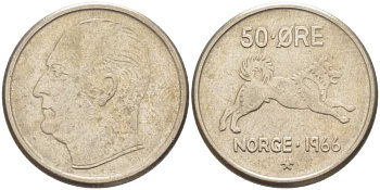 Норвегия 50 эре 1966 Улаф V (1957-1991), собака KM 408 медно-никель 213-713