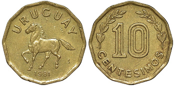 Уругвай 10 сентесимо 1981 KM 66 алюминиевая бронза 4169-551