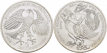 ФРГ 5 МАРОК 1976 D, 300 ЛЕТ СО ДНЯ СМЕРТИ ГАНСА ЯКОБА КРИСТОФФЕЛЯ фон ГРИММЕЛЬСГАУЗЕНА KM 144, J. 419 серебро UNC 3457-343