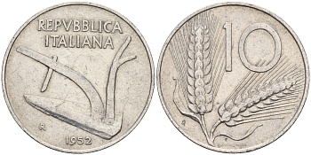 Италия 10 лир 1952 плуг KM 93 алюминий    4601-1045