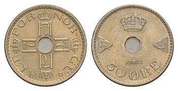 Норвегия 50 эре 1927 Хокон VII (1905-1957) KM 386 медно-никель UNC 4635-352