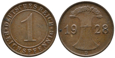 ГЕРМАНИЯ 1 РЕЙХСПФЕННИГ 1928 D KM 37, J. 313 бронза 39-968