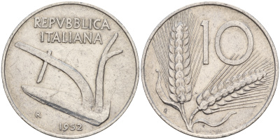 Италия 10 лир 1952 плуг KM 93 алюминий    4601-1045