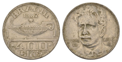 Бразилия 400 реалов 1937 Освалду Крус KM 539 медно-никель 4624-1246