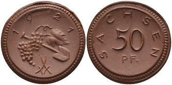 Саксония 50 пфеннигов 1921 виноград и лопата J. N 54 фарфор 1094-6-81