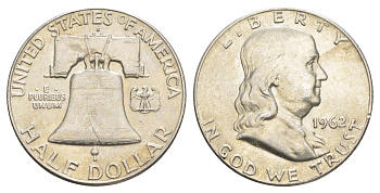 США 1/2 доллара (50 центов) 1962 Бенджамин Франклин, колокол KM 199 серебро  aUNC 4653-132
